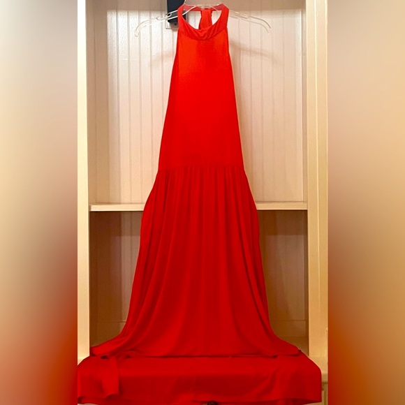 VENUS Bright Tangerine-Colored Halter Maxi Dress w Pockets Ties at Neck Backless - Picture 8 of 14